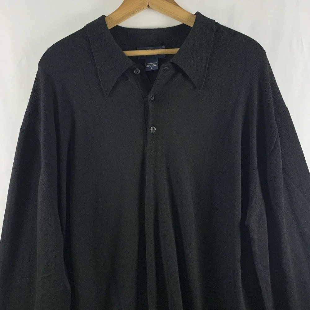 Paul Fredrick Mens Fine Merino Wool Polo Sweater Size L Black Lightweight Preppy